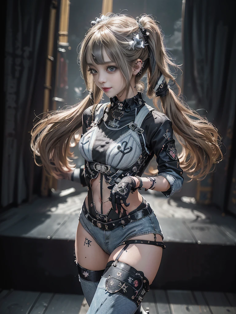 (Full Body View:1.4)、(Side view:1.1)、(Smiling with teeth showing:1.3),(Shibuya Gal:1.5)、(Gothic ta style fashion:1.5)、(Punk RockVisual Kei:1.5)、(Wearing a rhythmic gymnastics bodysuit with intricate details:1.4)、(Racing suit and pants with intricate decorations in white, denim and charcoal:1.5)、(Denim and light blue and white boots:1.3)、((belt))、(Numerous delicate logo marks all over the costume:1.4)、(collar:1.3)、(Striped underwear:1.5)、20-year-old、NSFW、((Highest quality、In 8K、masterpiece:1.3))、Sharp focus:1.2、(Layered Cut、Huge boobs:1.1),Beautiful woman with perfect figure:1.4、(Dancing vigorously:1.3)、Slender Abs:1.2、Highly detailed face and skin texture、Detailed eyes、double eyelid,(Twin tails:1.3)、(Brown-golden hair:1.3)、Gravure idol、(The background is the stage of the fashion show:1.3)、(Slim body:1.3),(Make your legs thinner:1.4),(clavicle:1.1)、(Thin and slim thighs:1.3)