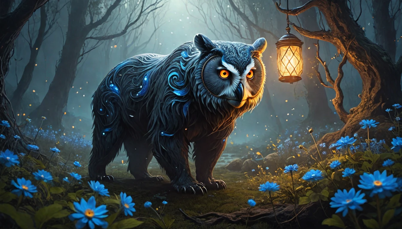 Horror-themed The concept in the image portrays a giant mystical creature, like a mix between a bear and an owl, owlbear with large, orange eyes and elongated ears that seem to be bright white. The creature is surrounded by an ethereal atmosphere with floating elements, and there are small blue flowers interspersed around it. The backdrop is a bright, swirling, and magical environment, emphasizing the otherworldly and enchanting nature of the creature. The image is compositionally balanced with the creature centered and slightly tilted to the viewer's left. The glowing eyes are a strong focal point, drawing attention immediately. The surrounding bright environment creates a contrast, making the creature and its wild elements stand out more prominently. flowers scattered around the creature add an additional layer of depth and interest to the image. cThe color palette is rich and moody, dominated by bright reds, whites, purples, and contrasting bright blue, creating a sense of mystique and wonder. The creature is depicted with exaggerated features, such which add to its otherworldly appearance. The atmosphere of the image is mysterious, magical, and somewhat eerie. The bright, swirling background and floating elements create a sense of otherworldliness. TOverall, the emotion conveyed is one of wonder and curiosity, drawing the viewer into the enchanting world of the image. photo photorealistic realistic hyperrealistic photograph photographic photography (fireflies:1.4), particles, fog, cinematic photorealistic, 8k uhd natural lighting, raw, rich, intricate details, key visual, atmospheric lighting, 35mm photograph, film, bokeh, professional, 4k, highly detailed . Eerie, unsettling, dark, spooky, suspenseful, grim, highly detailed