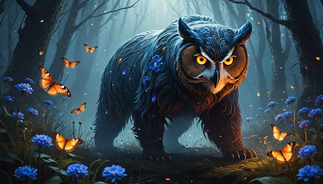 Horror-themed The concept in the image portrays a giant mystical creature, like a mix between a bear and an owl, owlbear with large, orange eyes and elongated ears that seem to be bright white. The creature is surrounded by an ethereal atmosphere with floating elements, and there are small blue flowers interspersed around it. The backdrop is a bright, swirling, and magical environment, emphasizing the otherworldly and enchanting nature of the creature. The image is compositionally balanced with the creature centered and slightly tilted to the viewer's left. The glowing eyes are a strong focal point, drawing attention immediately. The surrounding bright environment creates a contrast, making the creature and its wild elements stand out more prominently. flowers scattered around the creature add an additional layer of depth and interest to the image. cThe color palette is rich and moody, dominated by bright reds, whites, purples, and contrasting bright blue, creating a sense of mystique and wonder. The creature is depicted with exaggerated features, such which add to its otherworldly appearance. The atmosphere of the image is mysterious, magical, and somewhat eerie. The bright, swirling background and floating elements create a sense of otherworldliness. TOverall, the emotion conveyed is one of wonder and curiosity, drawing the viewer into the enchanting world of the image. photo photorealistic realistic hyperrealistic photograph photographic photography (fireflies:1.4), particles, fog, cinematic photorealistic, 8k uhd natural lighting, raw, rich, intricate details, key visual, atmospheric lighting, 35mm photograph, film, bokeh, professional, 4k, highly detailed . Eerie, unsettling, dark, spooky, suspenseful, grim, highly detailed