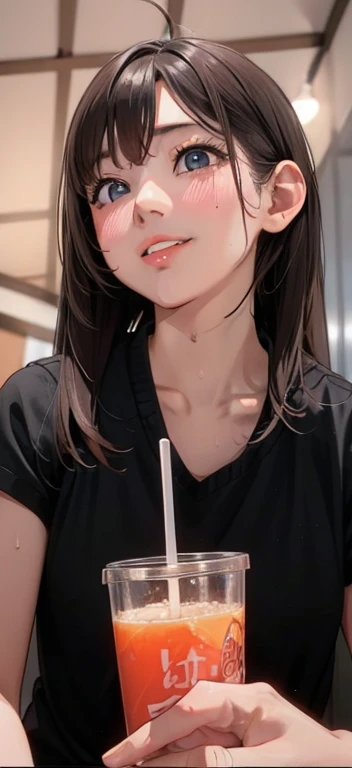 girl, Sweat, vapor, Center of chest, shy, Great hands, Looking at the audience, Cute Smile