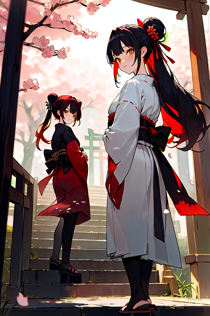 ((masterpiece,best quality)),2girls, black kimono, black legwear, black ribbon, black hair, cherry blossoms, day, flower, hair bun, hair ribbon, japanese clothes, kimono, long hair, looking at viewer, looking back, multiple girls, obi, outdoors, red eyes, red hair, ribbon, sandals, single hair bun, stairs, standing, statue, torii, tree, white kimono, yellow eyes,peladas