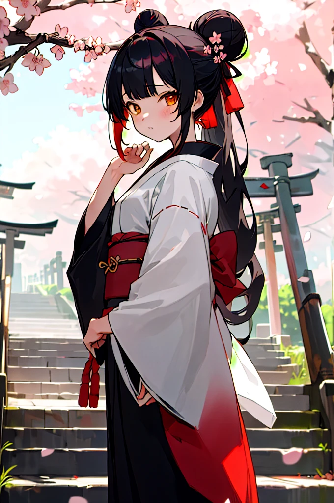((masterpiece,best quality)),2girls, black kimono, black legwear, black ribbon, black hair, cherry blossoms, day, flower, hair bun, hair ribbon, japanese clothes, kimono, long hair, looking at viewer, looking back, multiple girls, obi, outdoors, red eyes, red hair, ribbon, sandals, single hair bun, stairs, standing, statue, torii, tree, white kimono, yellow eyes,peladas
