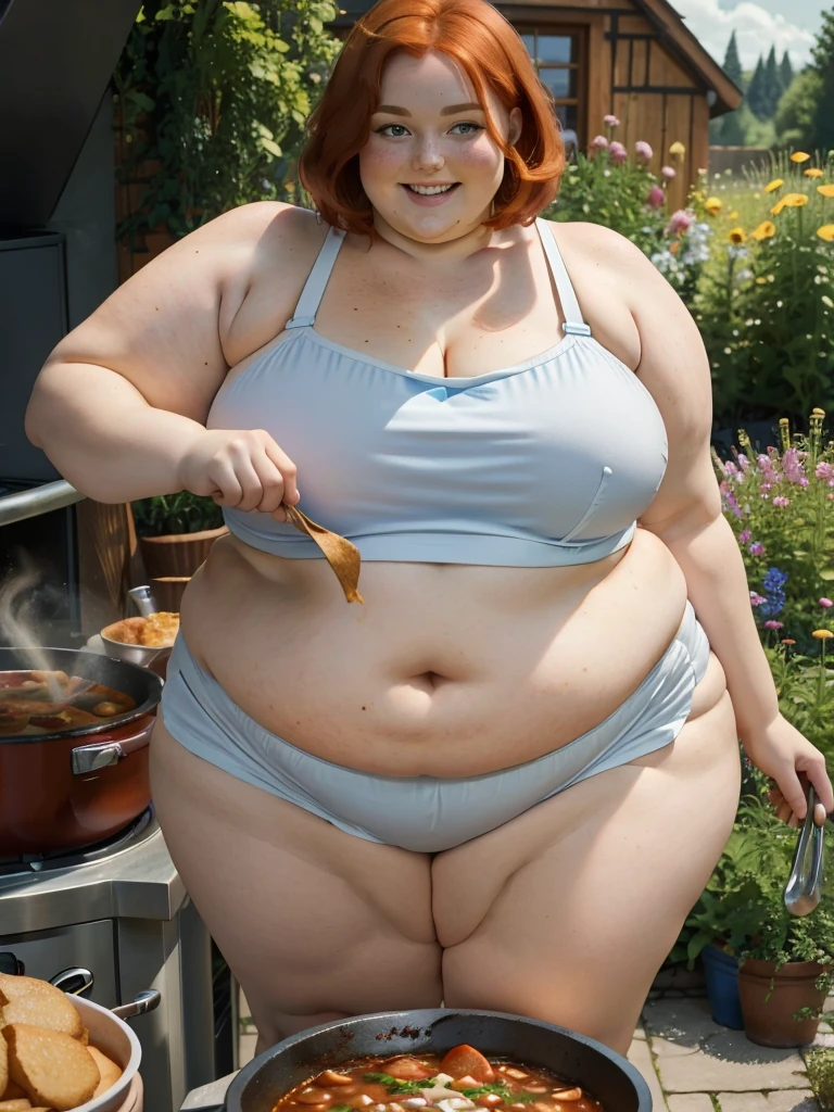 A happy photo of a young beautiful redhead bbw with short ginger hair soft fat belly, wide fat obese hips, thick fat legs and fat arms, cute pretty face, blue eyes, freckles, in underwear and cooking apron, cooking goulash in a cauldron in the garden