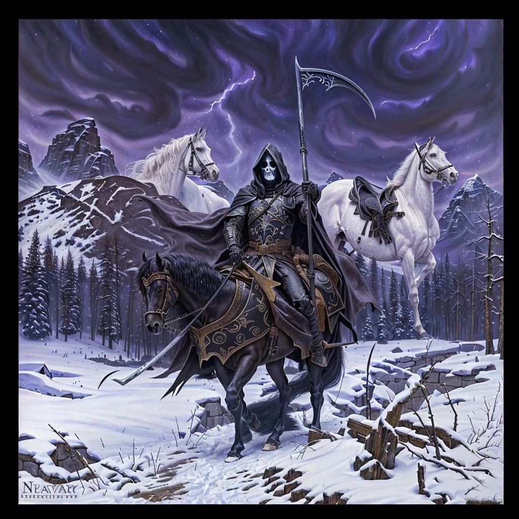 painting of a man on horseback with a scythe in the snow, Dark fantasy oil painting, severe reaper, Horsemen of the Apocalypse, severedark matte fantasy painting, Nazgúl, the severe reaper, reaper of night!!!!, Skeletor Portrait, reaper, severe, the third horseman, Muerte Vally, a sinister fantasy illustration, detailed cover