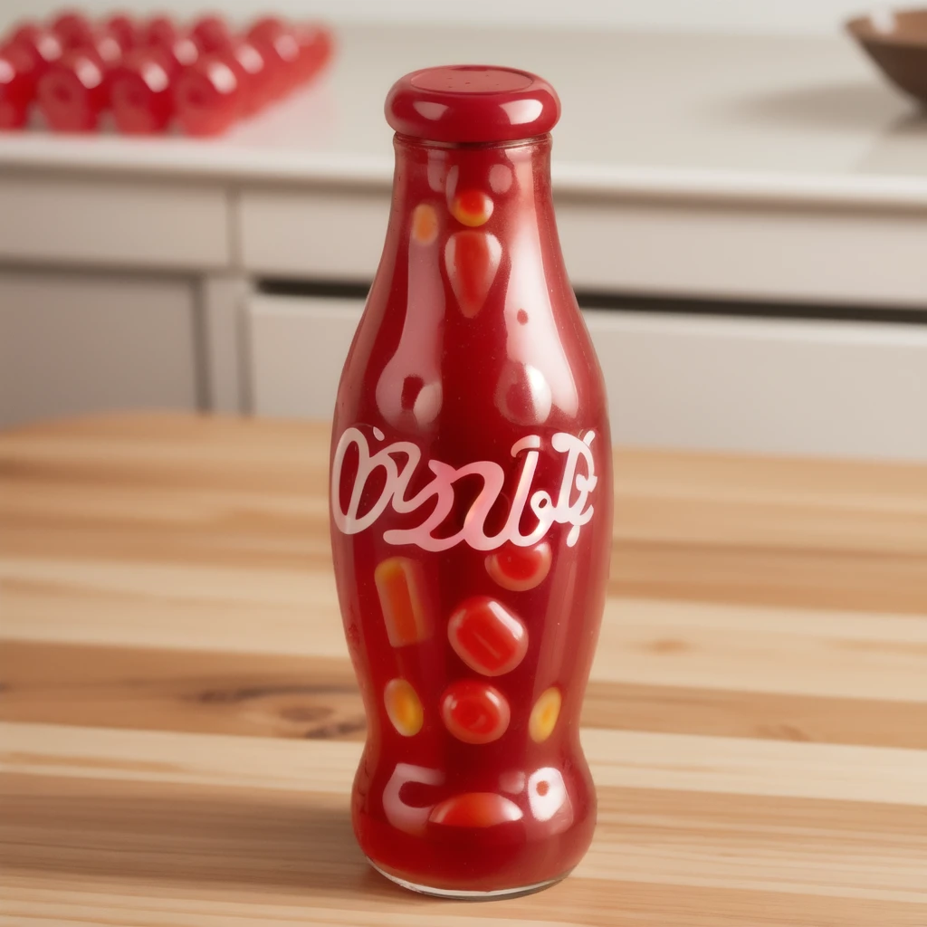 in the kitchen, on a wooden table, a red jelly bottle with a jelly particles inside of it, coca-cola, jelly texture, gummy texuture, candy, realistic texture, realistic style, detailed texture, high quality, high resolution, high quality rendering, realistic photo, brightning light, macro photo, ultra hd 4k
