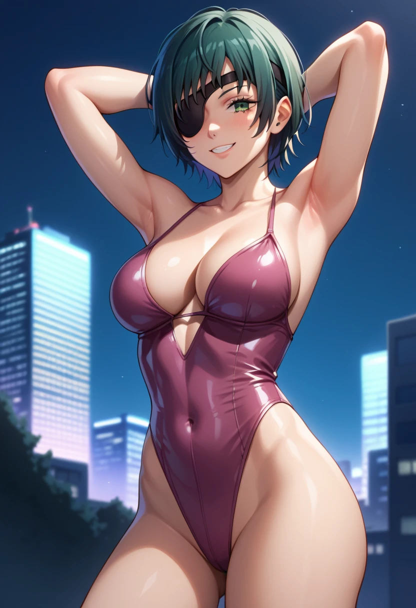 mature female, mature, Adult, himeno, himeno(Chainsaw Man), 1girl, black hair, short hair, eyepatch, Himeno(Chainsaw Man), solo, seductive smile, grin, nsfw, Villains, Spread arms, Raise arms, A small pink smooth octopus sticks to the top of himeno's head, chest, View your audience, Night town, City, skyscraper, Night, Dark, latex pink leotard with an octopus silhouette, dramatic angle, unique perspective, unique angle, masterpiece, Top animation quality,Top image quality,