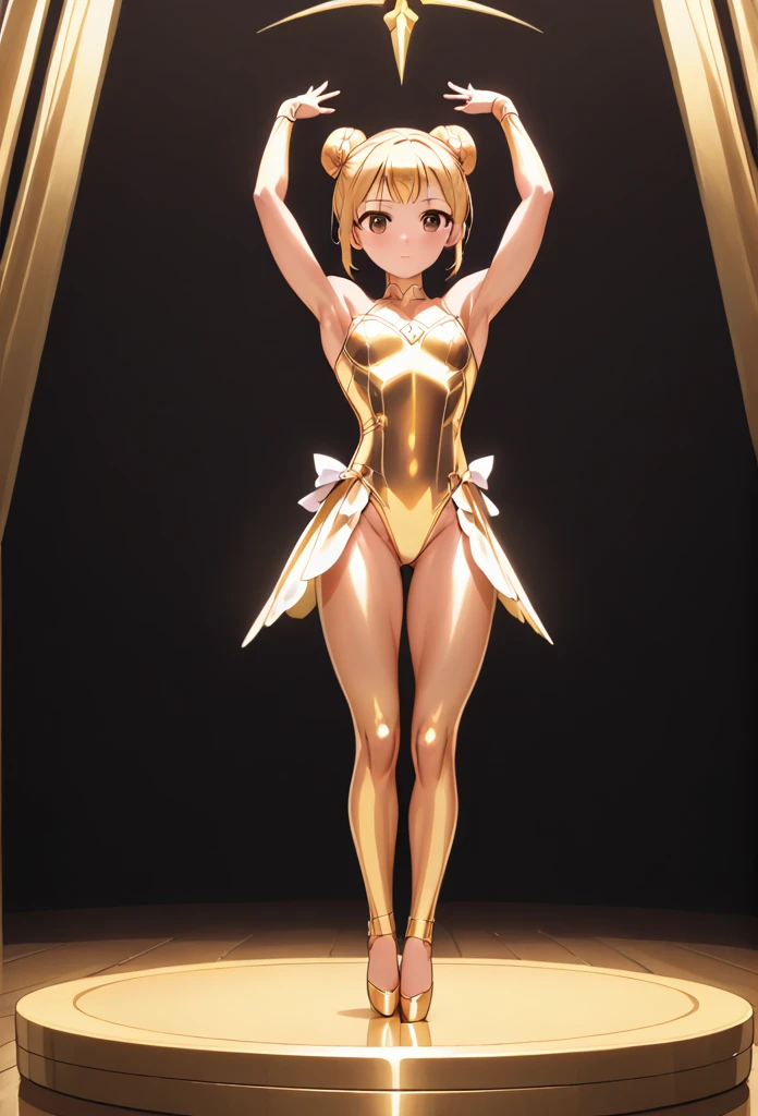 1girl, solo, official style, young girl, children, Yui, Sao, sword_art_online, blonde hair, high hair bun, single hair bun, ballerina bun, forehead, board forehead, makeup, gold face, brown eyes, (metallic skin _1.5), (gold skin_3.0), bodypaint, shiny skin, body shiny, glowing skin, goldcarvingcd, SlightMuscle, Bulky, Bodybuilder, Hypermuscle, alternate muscle size, leotard, gold leotard, highleg, clothing cutout, stomach cutout, looking at viewer, smile, closed mouth, full body, from above, standing, from side, bare shoulder, barefoot, pose, arms up, double biceps pose, flexing, indoors, museum, building, light,