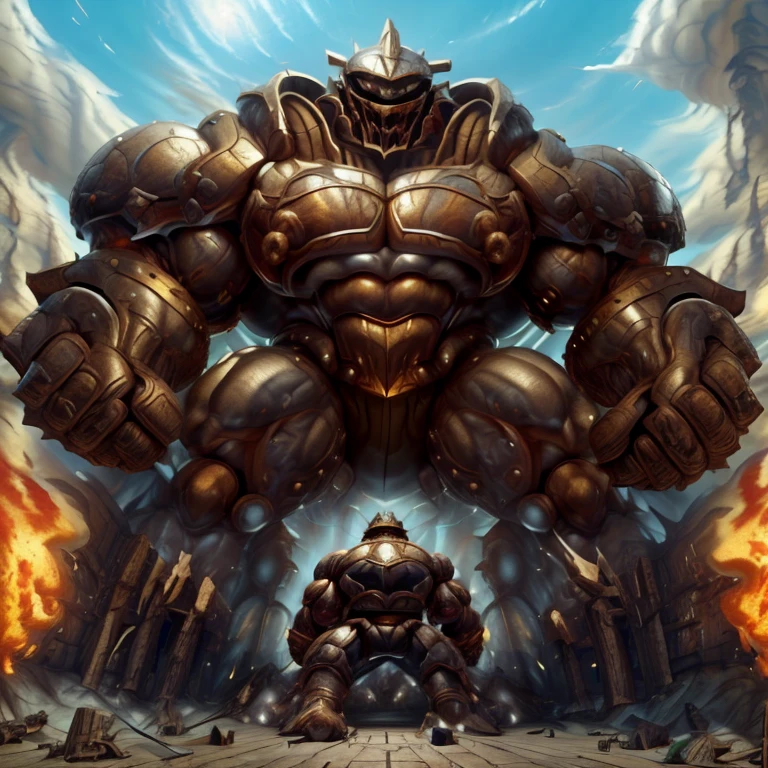 SOLO (masterpiece. official art. 8k. best quality. detailed full body. full body.)

(situation 1 : dominating Armored Flazzard. Armored Flazzard is over 1000 meters long. focus GIANT mechanical Muscular Armored Flazzard is trampling the city. Looking down. macro. stomp. Low-angle perspective. emphasizing the immense size.)

(situation 2 :smoke and flames rising from the destruction in the city)

(Additional details 1: real texture material. whole body shines like metal. emphasizes the muscles. suit fully made of metal.).

(Additional details 2: Detailed head. Detailed Body. Detailed abs. gigantic muscles. HYPER MUSCLES. Gigachad Muscular. big muscle. pecs. triceps. traps. unusually developed muscular body. body full of huge muscles. showing off muscles. pectorales enormes. Exaggeratedly huge muscles. huge muscles. long legs.).
his back he wears a golden cloak.