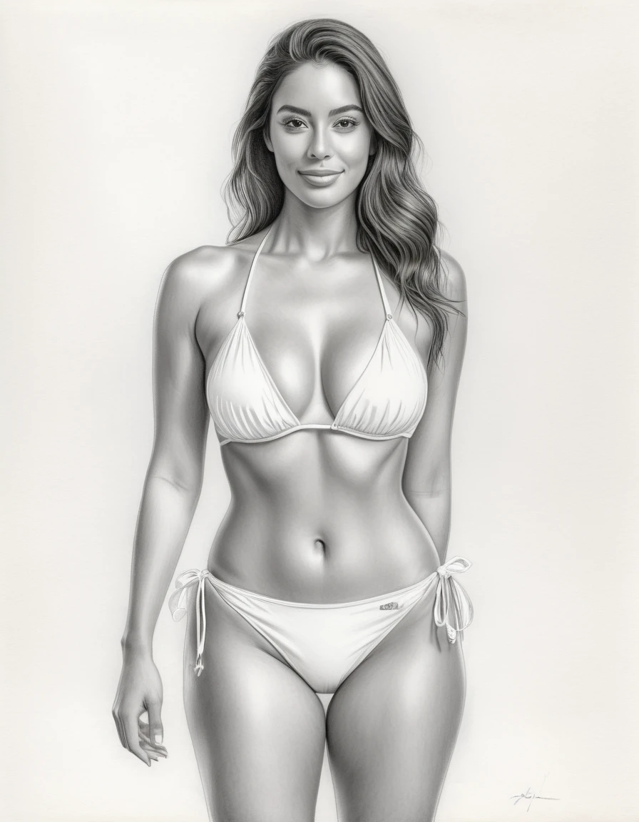 Graphite pencil drawing of the same 20yo Brazilian woman, front and back view, full body, standing, wearing white bikini, white background