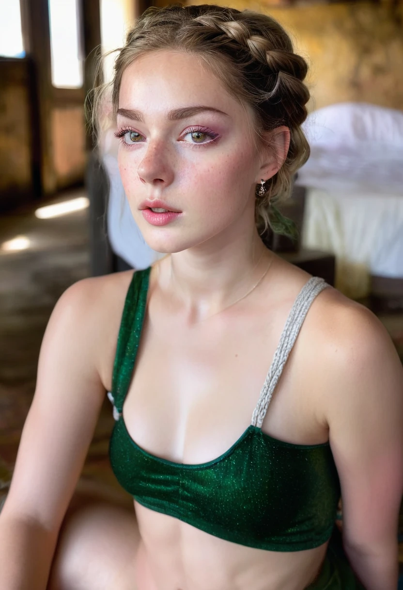 (Masterpiece, Best Quality, Highres:1.2), RAW photo, photorealistic, natural light, epiC Realism, Georgy, a stunning beauty, sits elegantly with artistic precision, her pale white skin glowing in the warm, bright soft diffused light. Her eyes, reminiscent of Raphael's masterpieces, sparkle with an inner radiance. Every detail of her skin is intricately rendered: Skin pores, skin wrinkles, healthy skin, skin detail and chills all visible , cinematic lighting. Her thighs are toned and healthy, with a subtle sheen to her skin. Her lips shine with a soft, pink gloss, professionally color-graded for maximum impact. The framing of the shot captures Georgy's natural proportions, adhering to the Golden Ratio, creating an air of serenity and beauty.score_9, score_8_up, score_7_up, score_7, score_6_up, solo, 1girl, pretty 20 year old woman, braid, big green eyes, looking to the side, natural breasts, photo, detailed, sharp focus, innocent, flirtatious, seductive, (show breast thru the wear), skinny girl with perfect body and tan skin, cute, pleasant, seductive, freckles, 85 mm, dark room, sunburst, standing, side boob, raw, realistic, Loose tank top, thong, messy basement, dimly lit room nighttime, sunset, god rays, side view, d3t41l3d
