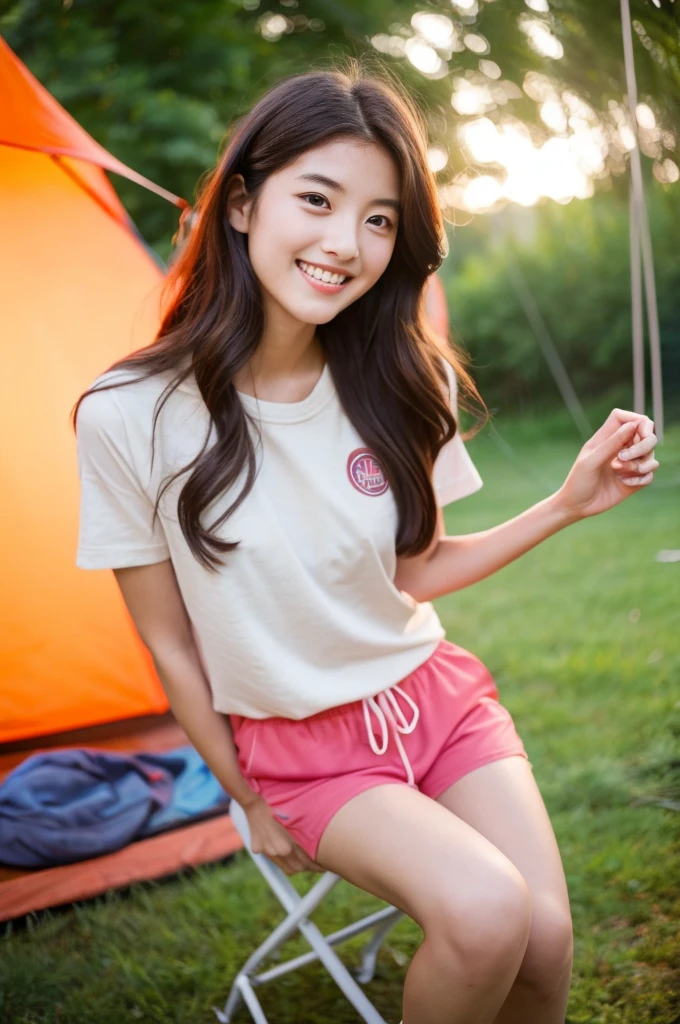 Camping tent, , ((full body)), ((photo)), ((best qualtiy, 8K, tmasterpiece:1.3)), Focus:1.2, perfect figure beautiful child:1.4, 1, cowboy shot, look at viewer, eyes facing the camera, incredibly absurd, beautiful and cute  with a photorealistic face, showcasing top-quality craftsmanship, A Japanese girl gazing at the campfire at a campsite, 15 years old, short hair, wavycrimson hair, big eyes, long eyelashes, smiling face, white teeth, round face, small nose, smooth skin, fair skin, red lips, pink cheeks, lively expression, , delicate, well-balanced proportions, slim, 155cm tall, thin limbs, small A-cup breasts, khaki T-shirt, camouflage shorts, sneakers, beautiful girl, younger sister attributes, active, sociable, cheerful, optimistic, brave, curious, August