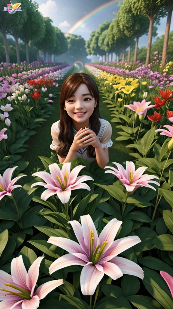 3d animation,motion, personality: The flowers in the garden blooming in a rainbow of colors, filling the air with a sweet fragrance as Lily smiles in amazement. unreal engine, hyper real --q 2 --v 5.2 --ar