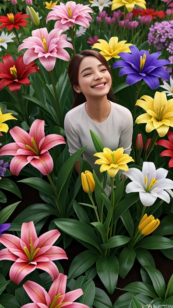3d animation,motion, personality: The flowers in the garden blooming in a rainbow of colors, filling the air with a sweet fragrance as Lily smiles in amazement. unreal engine, hyper real --q 2 --v 5.2 --ar