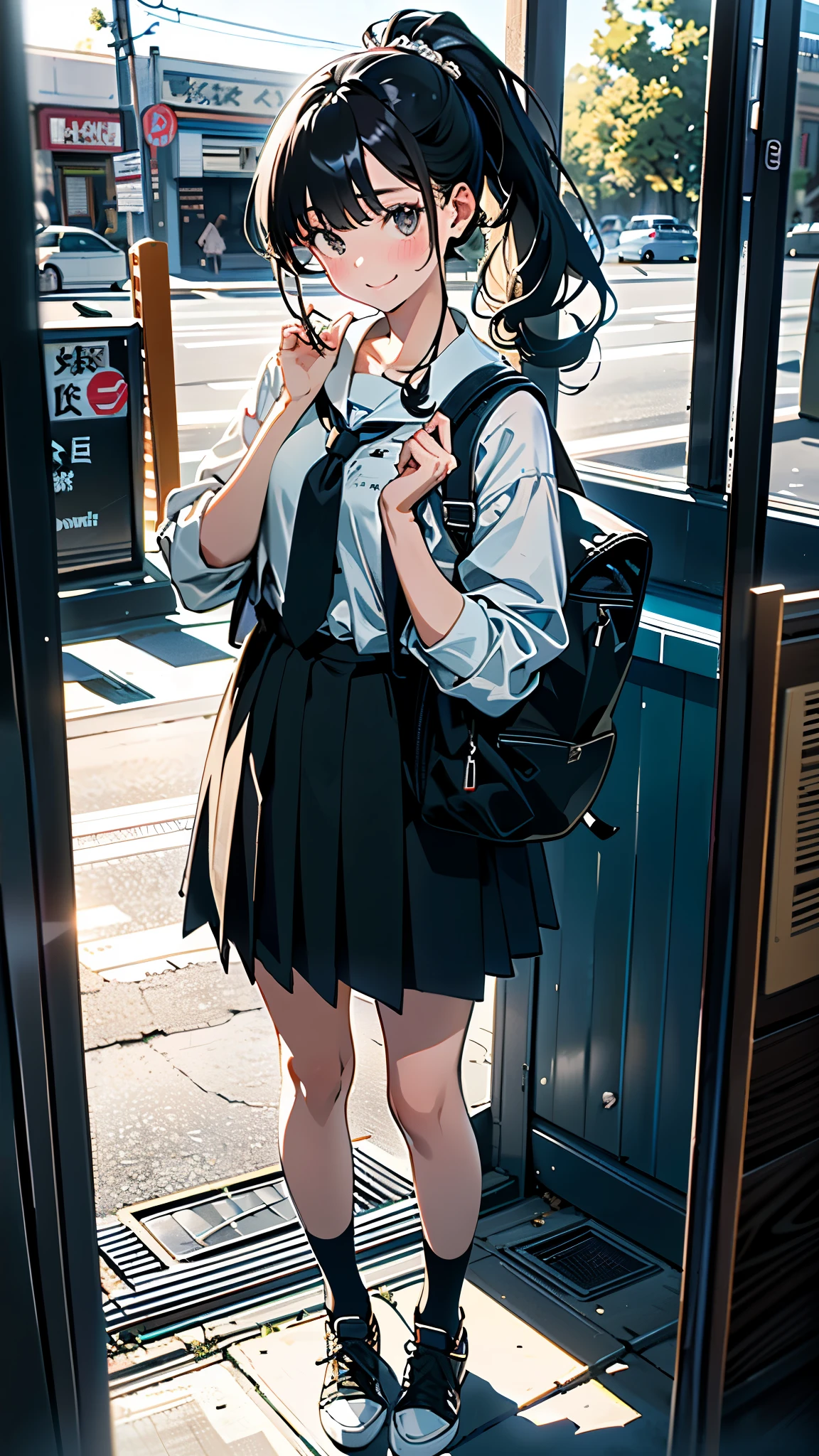 (8K, RAW Photos, 最high quality, masterpiece:1.2), high qualityのRAWカラー写真, Professional photo shoot, Cinematic Light, alone, (((young woman, Gal))), (Sharp features), (Small face), (Skin with attention to detail:1.2), clavicle, Cute face, Beautiful appearance, Long eyelashes,Girl Turning Around, smile, (Black Hair, Long straight line), High School Uniform, sneakers, Backpack, Night Park, Confident attitude, Capture the happy moment, Artistic painting,Attractive thighs, (A very fine touch:1.2),はにかんだsmile), Peaceful atmosphere, Oil painting style, Bright colors, (Are standing:1.5, Inside a convenience store, Full body portrait), Smooth texture, Gazing Eyes, Beautiful Skin, Shiny skin, ((Perfect Fingers, Five Fingers, Anatomically correct)), Background Blur, high quality, Surreal, ((Very detailed, photo shoot)),A large number of people、blush、plump、Black Hair、Tie-up hair、ponytail、