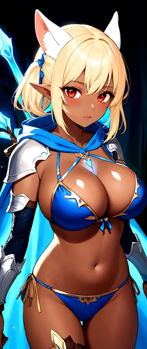 red eyes, sylvanas_windrunner, sylv-lora, 1girl, elf, bikini armor, solo, breasts, armor, pointy ears, hood, weapon, undead, colored skin, bow (weapon), navel, glowing eyes, large breasts, blue skin, cleavage, glowing, quiver, shoulder armor, blonde hair, masterpiece, best quality,