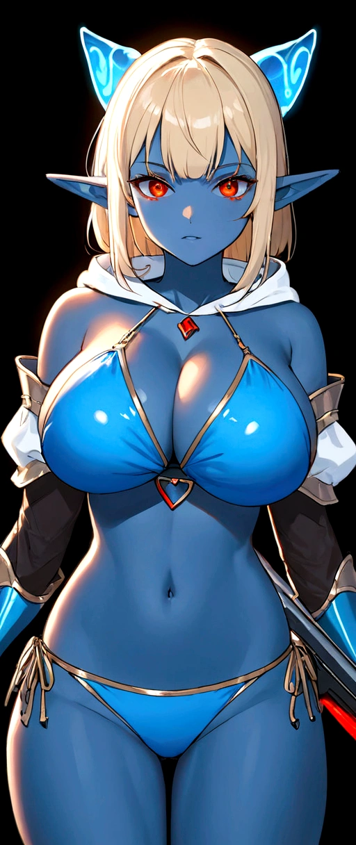 red eyes, sylvanas_windrunner, sylv-lora, 1girl, elf, bikini armor, solo, breasts, armor, pointy ears, hood, weapon, undead, colored skin, bow (weapon), navel, glowing eyes, large breasts, blue skin, cleavage, glowing, quiver, shoulder armor, blonde hair, masterpiece, best quality,