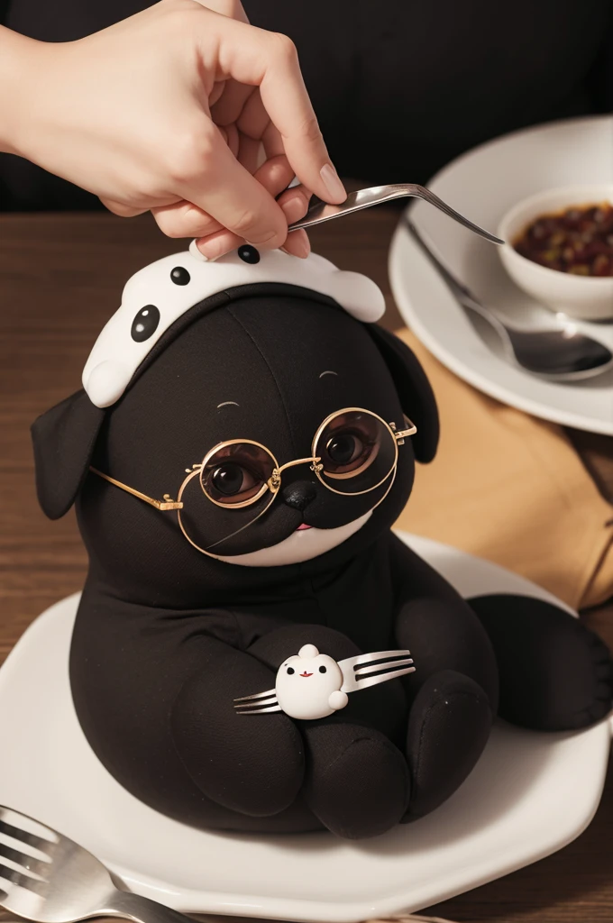 Cartoon animated black bean lump wearing Juliette glasses and holding cutlery