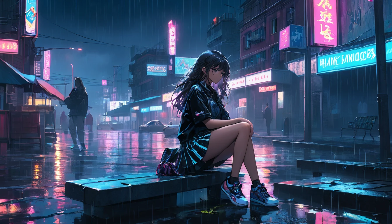 High definition photos. The sky is dark and full of dark clouds. A city full of neon signs on a dark night. There is standing water on the city streets. An 18-year-old girl sits forlornly on her bench.
The girl looks at the sky with her face lifted and her chin held high. Her hair blows in the wind. The girl is wearing her pleated skirt and her bb sneakers.
A close-range shot of the girl's profile.