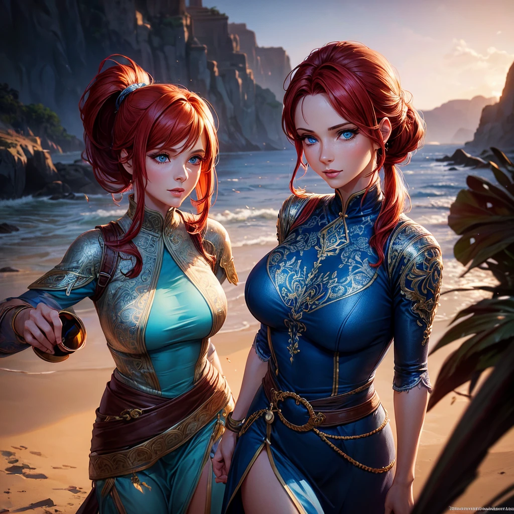 a beautiful mature woman in her thirties, redhead ponytail hair, breasts, blue eyes, happy face, wearing a blue sexy tunic, walking on a beach, incredibly sexy body, detailed face, beautiful detailed eyes, beautiful detailed lips, extremely detailed eyes and face, long eyelashes, detailed clothing, intricate details, highly detailed, photo realistic, 8k, best quality, masterpiece, cinematic lighting, dramatic lighting, vibrant colors, fantasy, digital art, concept art