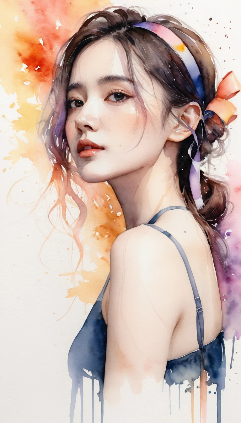 (8k, best quality, masterpiece:1.2),(best quality:1.0), (ultra highres:1.0), watercolor, a beautiful woman, shoulder, hair ribbons, by agnes cecile, half body portrait, extremely luminous bright design, pastel colors, (ink:1.3), autumn lights,