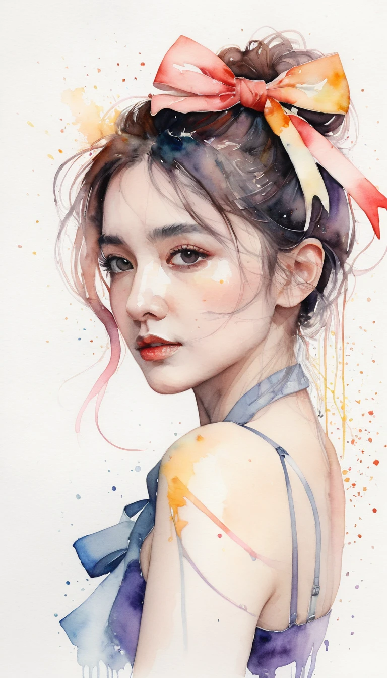 (8k, best quality, masterpiece:1.2),(best quality:1.0), (ultra highres:1.0), watercolor, a beautiful woman, shoulder, hair ribbons, by agnes cecile, half body portrait, extremely luminous bright design, pastel colors, (ink:1.3), autumn lights,
