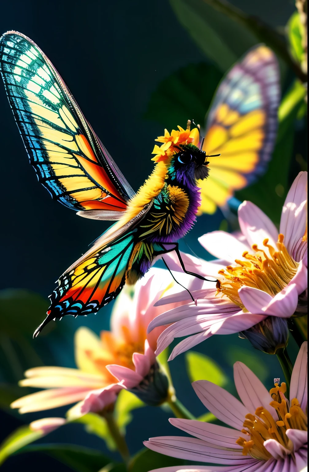 um leao,bug, chic, vivid colors, Atmospheric,serene, chic, butterflys, blooming flowers, In Motion, Dramatic, fully body, organic composition,Furtastic Detailer,8K raw photo,