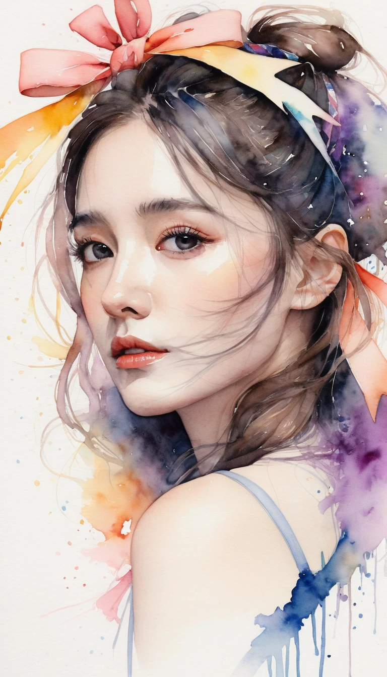 (8k, best quality, masterpiece:1.2),(best quality:1.0), (ultra highres:1.0), watercolor, a beautiful woman, shoulder, hair ribbons, by agnes cecile, half body portrait, extremely luminous bright design, pastel colors, (ink:1.3), autumn lights,