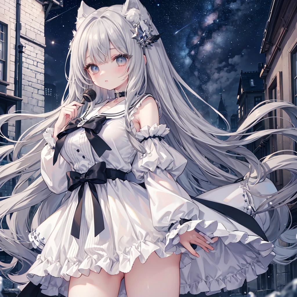Masterpiece、Highest quality、Super detailed、Fluffy and soft long hair、Gray Hair、Diamond Eyes、Big Tits、Too big breasts、Starry Sky、Sailor suit、bustling street、mini skirt、rain、Wet、choker、painful