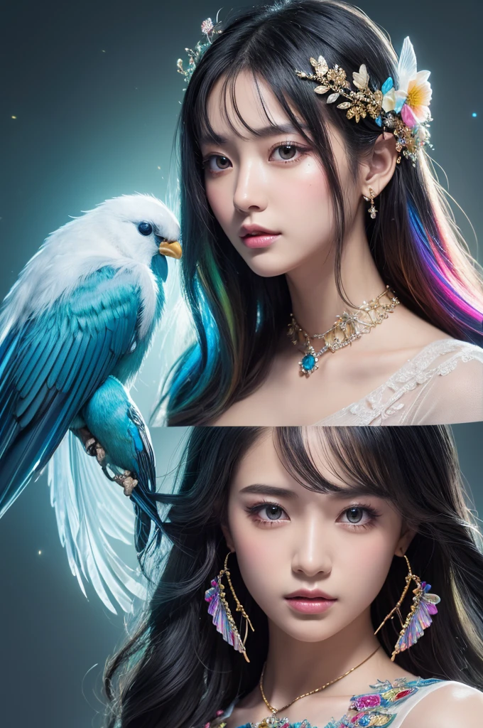 (((masterpiece))), (((Highest quality))), ((Super detailed)),(Highly detailed CG illustrations), ((Very delicate and beautiful)),Cinematic Light, 現在流行しているGenreの巨匠のスタイルを模倣した、Create stunning fantasy artwork。. In the works of art、It should contain elements of both mythical and fairytale fantasy with dreamy rainbow accents。. ((Use the rainbow as your main color.)) The characters in this work are、神秘とGives off an aura of magic繊細でありながら力強い人物であり、 (美しいTranslucent rainbowの羽). Pay close attention to complex facial features, Create captivating eyes with vibrant colors and bold shadows. Character clothing should be designed with thin feathers, silk, Beautiful embroidery, Subtle iridescent details. insert (((Translucent rainbow))), Dreamy colors, Dynamic Lighting, Detailed background elements that create awe and immersion. Gives off an aura of magic、Colorful magical birds and jewel-like rainbow butterflies々Draw. Considering the latest trends in fantasy art, Unique lighting effects, Exploring dynamic and engaging compositional techniques, Try out unique color palettes. Get inspired by top artists from ArtStation and Midjourney. camera: Highlight the beauty of the characters、Choose an angle that enhances the magical majesty of your artwork。. Lighting: Utilize atmospheric lighting techniques to create depth and atmosphere. solve: Exquisite detailと鮮明さを表現するために高解像度のアートワークを目指します. Art inspiration: Get inspired by popular artists with ArtStation, Explore different styles, Genre, theme,(8K, RAW Photos, Highest quality),Realistic,facade,Exquisite detail,Very detailed eyes and eyelashes,Portraiture,close,, デジタル一眼レフcamera, Highest quality, Fujifilm Real, Crisp details, Surreal, Beautiful Wallpapers, 8K, Highest quality, masterpiece, Very detailed, PC Graphics, Unity,