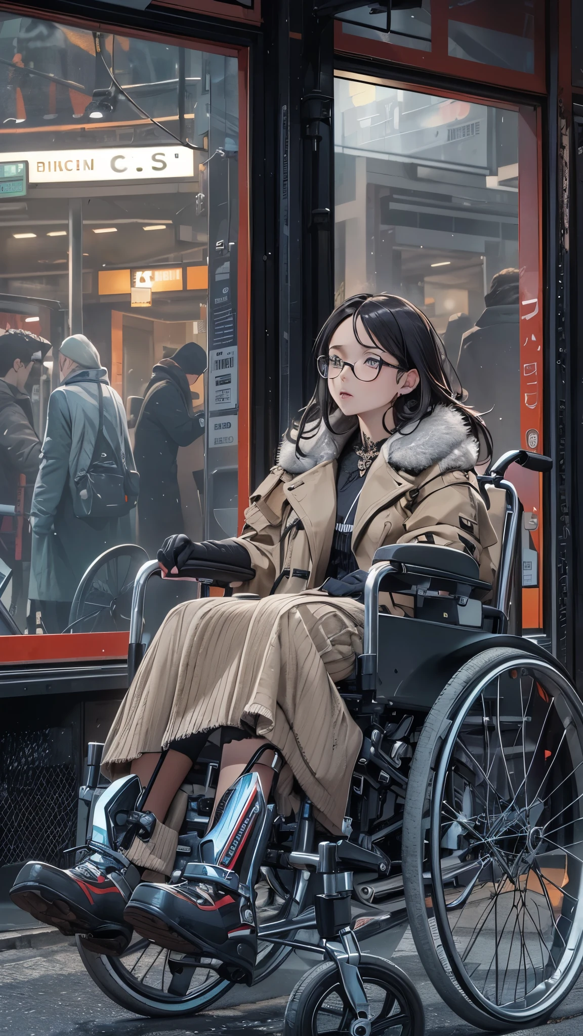 (Very detailed, Realistic), Cityscape, [moderately:Oil], [Professional:1.1], [Physically Based Rendering], [Bright colors], [Sharp focus], [Studio Lighting], [Extreme Detail], [Highest quality,4K,8K,High resolution,masterpiece:1.2],(Detailed face),((inside the street)),((there is many peoples in the street)),((One 18-year-old woman)),(Glasses),(Black unkempt hair),(dark),(it hurts),(Scary),[Nervous eyes],((many peoples are watching her of wheelchair user)), ((many peoples are watching her of wheelchair user)), ((many peoples are watching her of crutche’s user)),((She walks with crutches,Crutch length from armpit,Crutches are at her side)),((she’s putting on her legs in cast)),((leg braces)),((leg braces)),((she’s wheelchair user)),((Her feet are turned inwards)),(winter clothes ladies fashion,trench coat,tights),((lace-up-long-boots)),(gloves,Knee pads),.