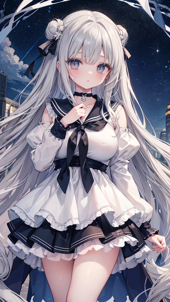 Masterpiece、Highest quality、Super detailed、Fluffy and soft long hair、Gray Hair、Diamond Eyes、Big Tits、Too big breasts、Starry Sky、Sailor suit、bustling street、mini skirt、rain、Wet、choker、painful