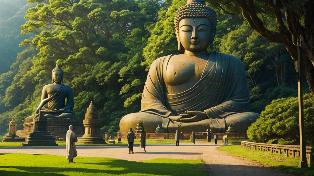 Big Buddha statue in the distance, Stone,mossy atmosphere, high goals, majestic, Sunlight background,pilgrims on the road,Sunset,Alien science fiction style