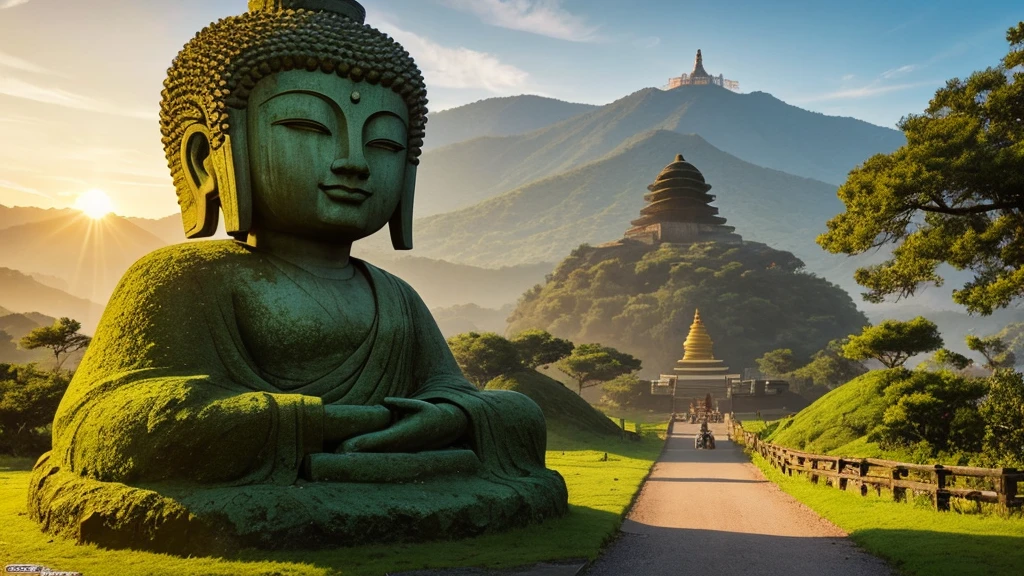 Big Buddha statue in the distance, Stone,mossy atmosphere, high goals, majestic, Sunlight background,pilgrims on the road,Sunset,Alien science fiction style