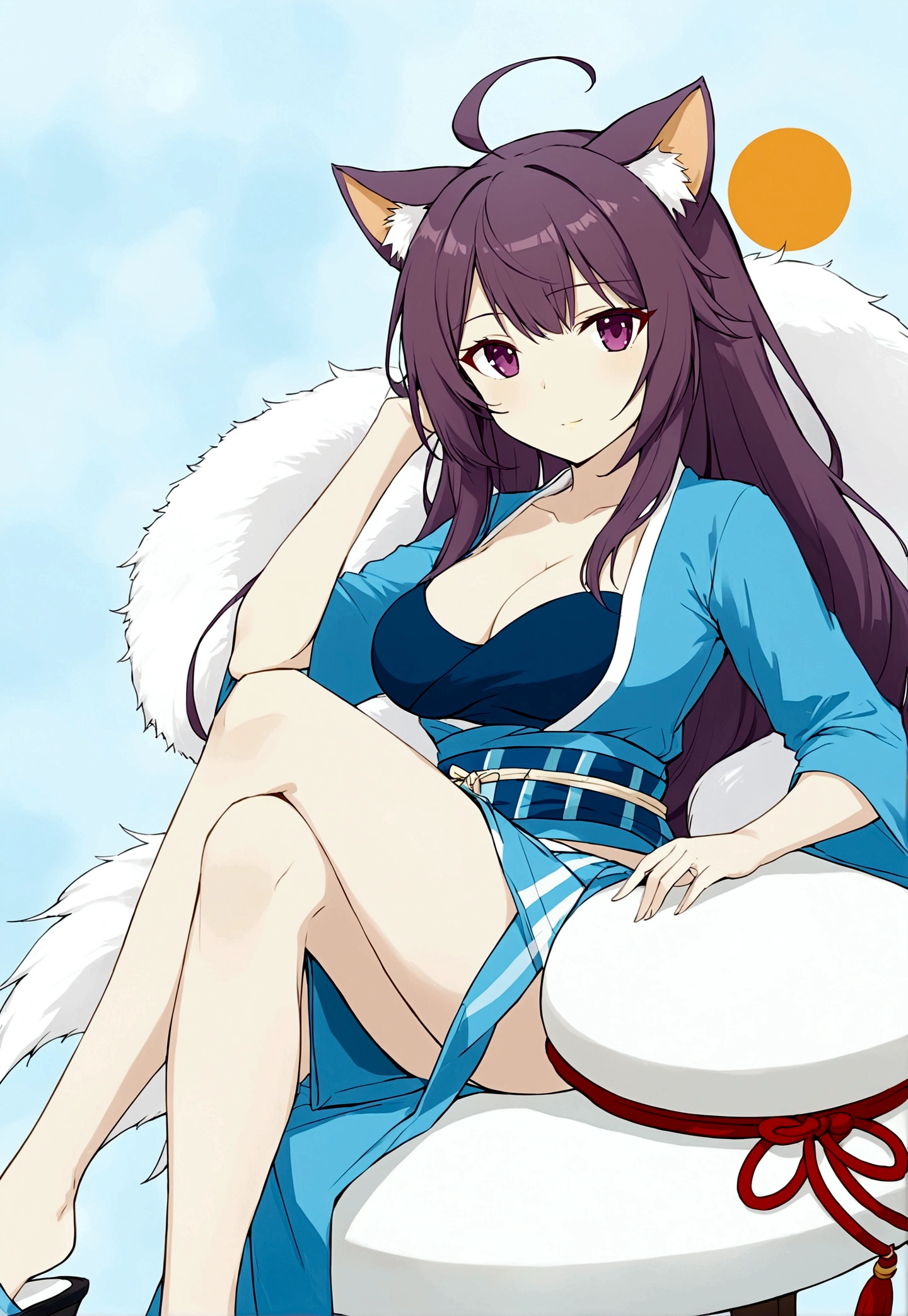 1girl, solo, long hair, breasts, animal ears, cleavage, sitting, purple eyes, purple hair, ahoge, japanese clothes, kimono, crossed legs