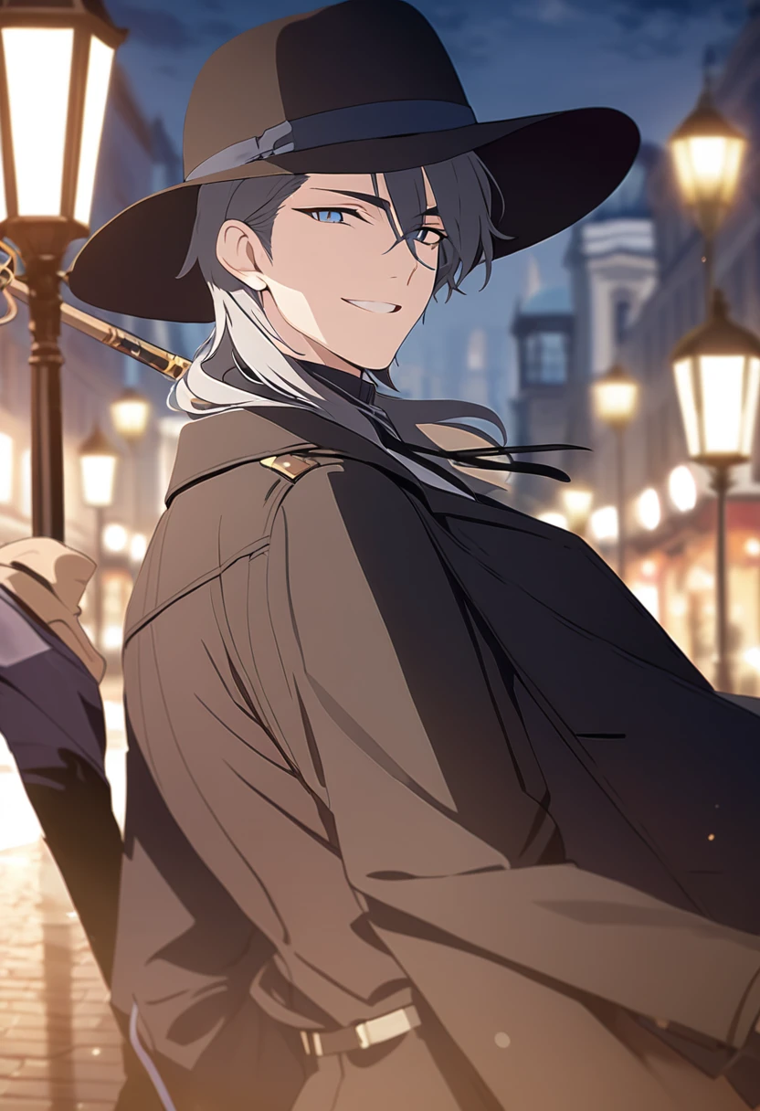 masterpiece,best quality,depth of field,8K,looking at the viewer,dark gray hair,blue eyes,man,close,Street lamp,black long coat,black panama hat,stylish cane,smiling,male,(charismatic eyes 1;1),wseifuku,chic,