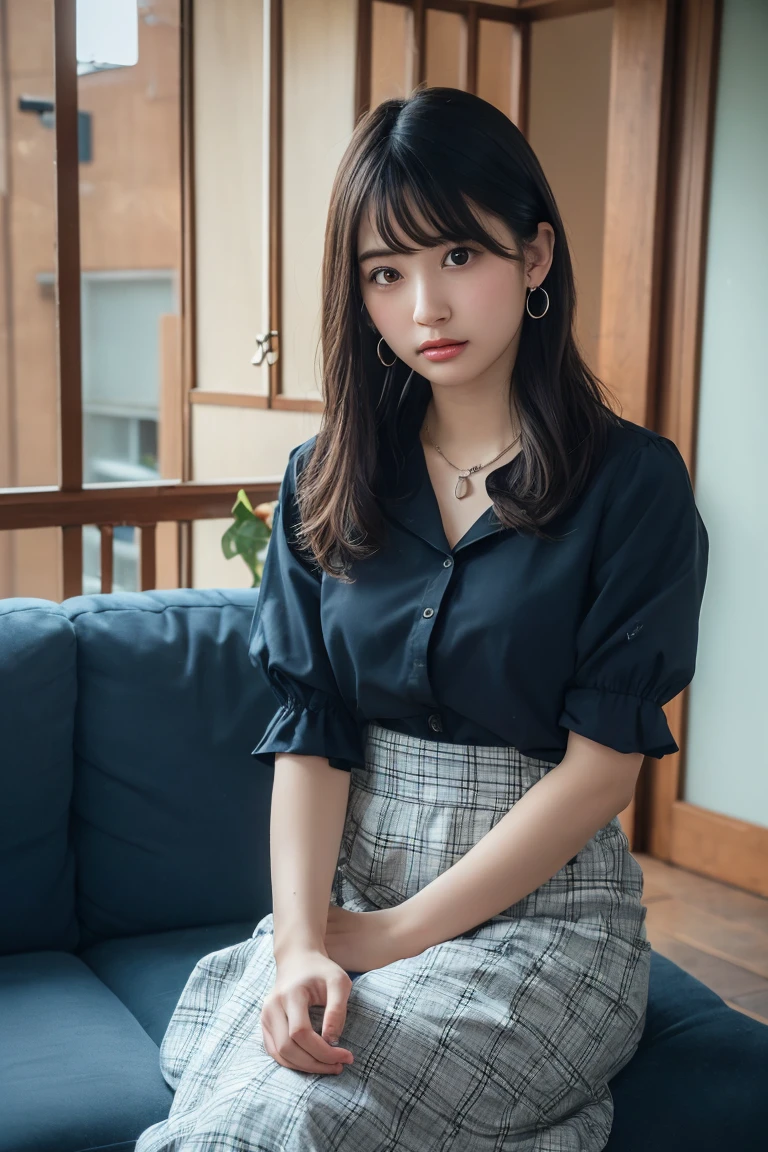(Highest quality:1.4),(masterpiece:1.4),(Realistic:1.4),(Realistic:1.2),(超High resolution, RAW Photos:1.4),(High resolution, Ultra-detailed:1.2),(8K:1.2),View your viewers,Cinematic photography,One girl,skeletally correct,Black-haired woman,(Small earrings,necklace,A dress that shows off your body line beautifully,flare skirt,Long skirt,View from the front),(Western-style building interior,Dimly lit room,The lamplight shines on my cheeks,Sit on the sofa)