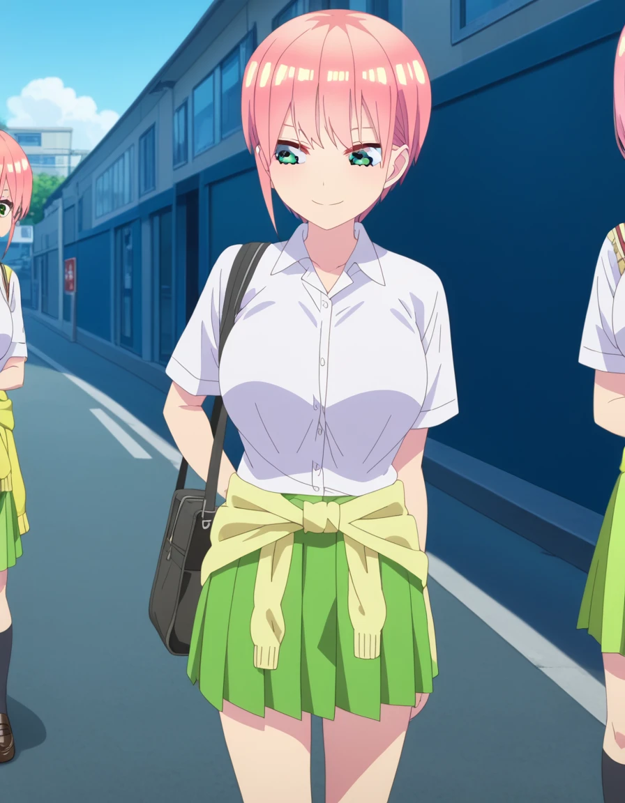 score_6_up, best quality, anime screencap, 1girl, nakano ichika, pink hair, short hair, skirt, shirt, , white shirt, short sleeves, pleated skirt, shoes, socks, collared shirt, black footwear, sweater, white socks, green skirt, loafers, clothes around waist, standing, outdoor, big breasts, smile, from front