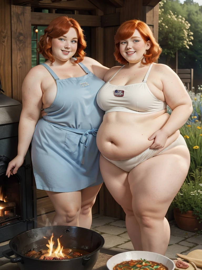 A happy photo of a young beautiful redhead bbw with short ginger hair soft fat belly, wide fat obese hips, thick fat legs and fat arms, cute pretty face, blue eyes, freckles, in underwear and cooking apron, cooking goulash in a cauldron with a fire place below it in the garden