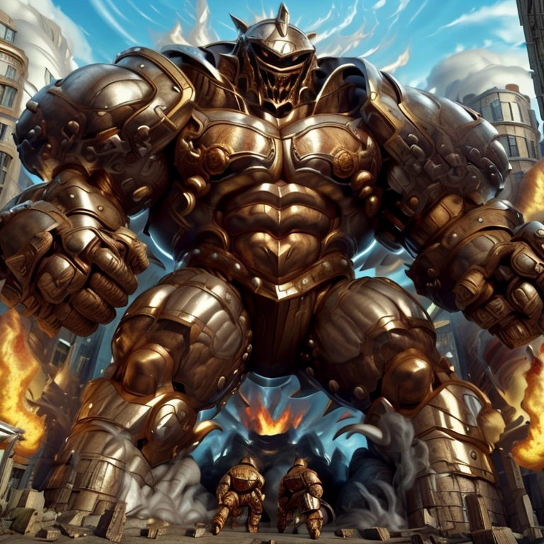 SOLO (masterpiece. official art. 8k. best quality. detailed full body. full body.)
(situation 1 : dominating Armored Flazzard. Armored Flazzard is over 1000 meters long. focus GIANT mechanical Muscular Armored Flazzard is trampling the city. Looking down. macro. stomp. Low-angle perspective. emphasizing the immense size.)
(situation 2 :smoke and flames rising from the destruction in the city)
(Additional details 1: real texture material. whole body shines like metal. emphasizes the muscles. suit fully made of metal.).
(Additional details 2: Detailed head. Detailed Body. Detailed abs. gigantic muscles. HYPER MUSCLES. Gigachad Muscular. big muscle. pecs. triceps. traps. unusually developed muscular body. body full of huge muscles. showing off muscles. pectorales enormes. Exaggeratedly huge muscles. huge muscles. long legs.).
his back he wears a golden cloak.