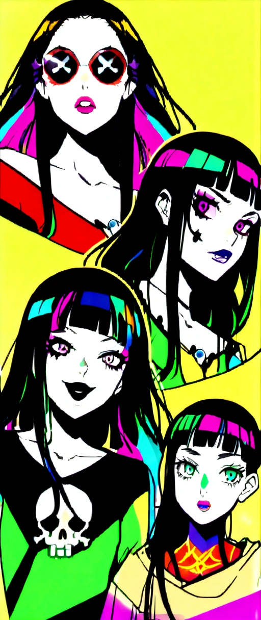 Black Hair、Black Feather、Gothic Punk、Split seat ,anime zombie witch design, crossbones, skulls, street wear design, pro vector, Horror style, full design, 6 colors only, solid colors, no shadows, full design, sticker, bright colors, white background.super fine illustration,(((beautiful fine hair))),(((beautiful fine face))),(((beautiful fine background))),(((beautiful fine hair))),(((beautiful fine face))),(((beautiful fine background))),Midsummer、beachBlack Hair、blunt bangs、Cross-eyed