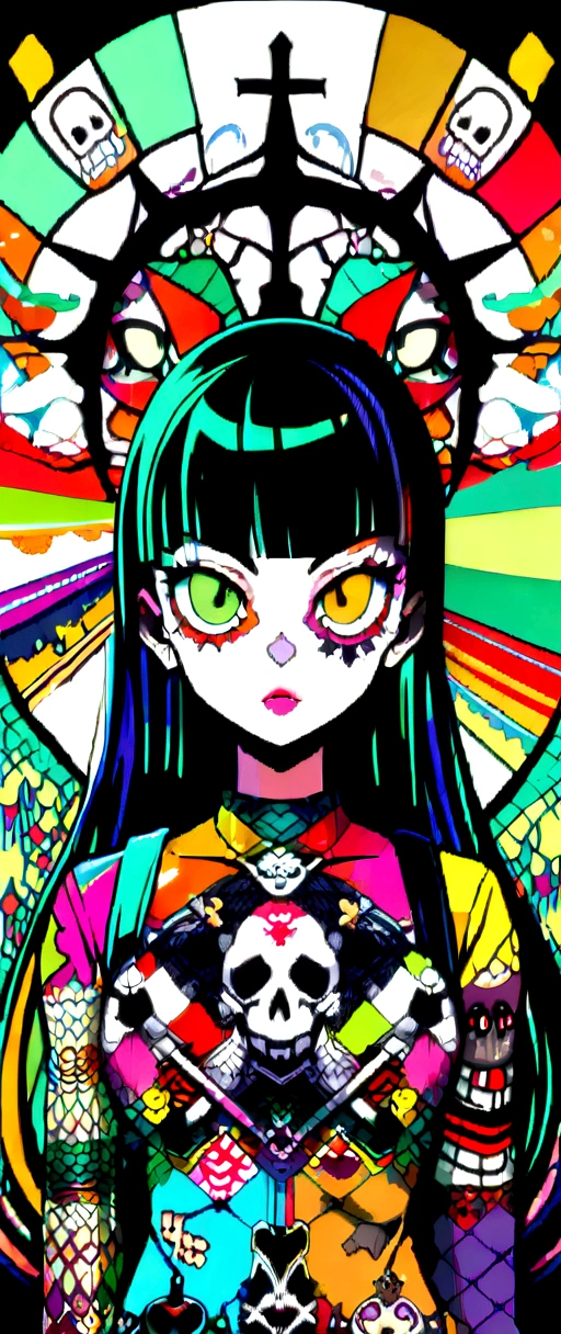 Black Hair、Black Feather、Gothic Punk、Split seat ,anime zombie witch design, crossbones, skulls, street wear design, pro vector, Horror style, full design, 6 colors only, solid colors, no shadows, full design, sticker, bright colors, white background.super fine illustration,(((beautiful fine hair))),(((beautiful fine face))),(((beautiful fine background))),(((beautiful fine hair))),(((beautiful fine face))),(((beautiful fine background))),Midsummer、beachBlack Hair、blunt bangs、Cross-eyed