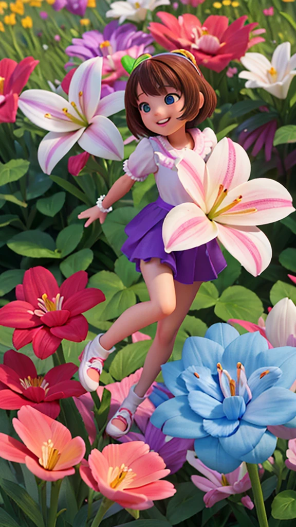 3d animation,motion, personality: The flowers in the garden blooming in a rainbow of colors, filling the air with a sweet fragrance as Lily smiles in amazement. unreal engine, hyper real --q 2 --v 5.2 --ar