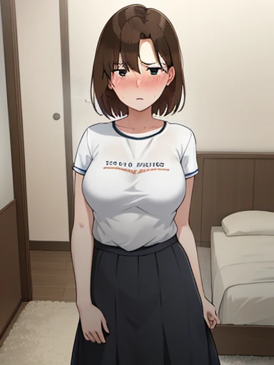 NTR Man, masterpiece, Highest quality,(1girl、alone) , Mature Woman, (Small breasts、light body), (Hold the bra with both hands、T-Shirts、Long skirt), Brown Hair, short hair, black eye , anger, ((close,)) ,, Angry expression, ((Blushed)),Embarrassing、Sweat、vapor、Bedroom