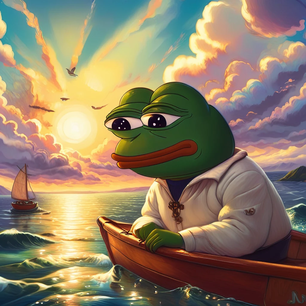 pepe the frog, sailing, cartoon style, whimsical, vibrant colors, cute, humorous, peaceful, serene ocean, sunset sky, clouds, wooden boat, water reflection, detailed textures, cinematic lighting, digital painting