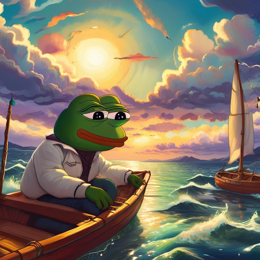 pepe the frog, sailing, cartoon style, whimsical, vibrant colors, cute, humorous, peaceful, serene ocean, sunset sky, clouds, wooden boat, water reflection, detailed textures, cinematic lighting, digital painting