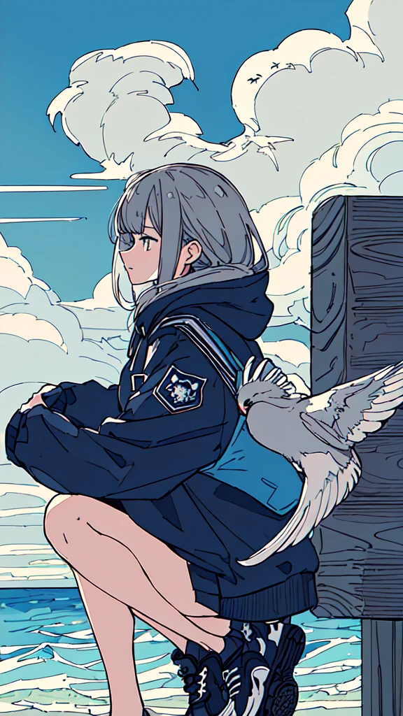 masterpiece, intricate detail,best quality, 1girl, solo, bird, hood, sitting, long hair, shoes, jacket, black footwear, hood down, animal on shoulder, grey hair, animal, blue jacket, sneakers, sign, cloud, bangs, long sleeves, from side, hoodie, profile, outdoors, bird on shoulder, sky, hooded jacket