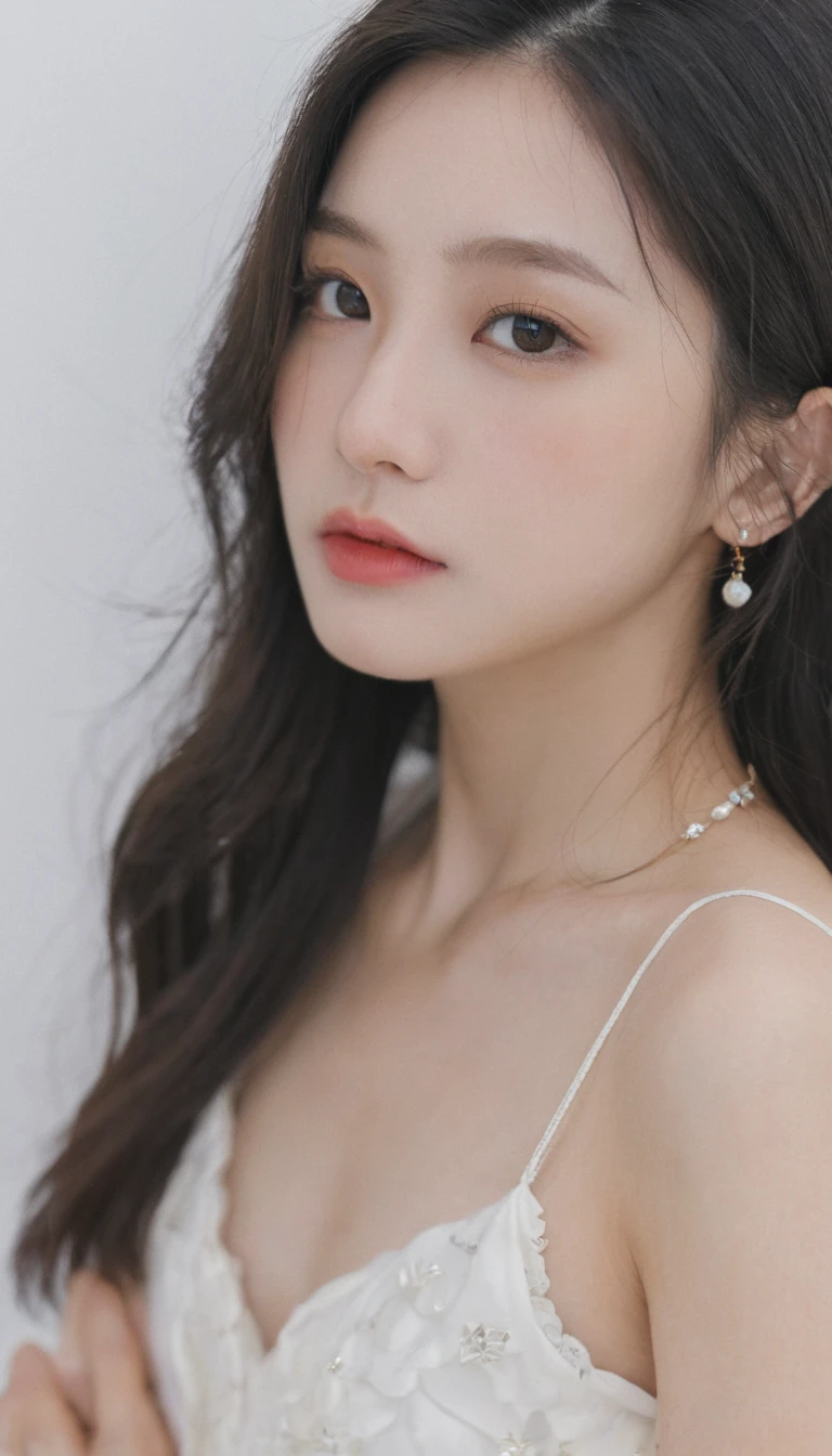 xxmixgirl, Analog Style, Eye focus, Highest quality, (Very detailed skin), Exquisitely beautiful white skin photos, 21 years old, Perfect Face, Captivating eyes, (Seductive makeup: 1.3), Skin pores, (Bokeh:1.5), Sharp focus, Dappled Lighting, (Backlight), Film Grain, (Very detailed, Exquisitely crafted), 8K, High resolution, Front view, Studio Light, Very detailed顔, Fine grain, (double eyelid: 1.4), Aristogle, Brown eyes, (commercial: 1.6), (Natural Makeup), ((White studio background: 2))、Summery white fashion、