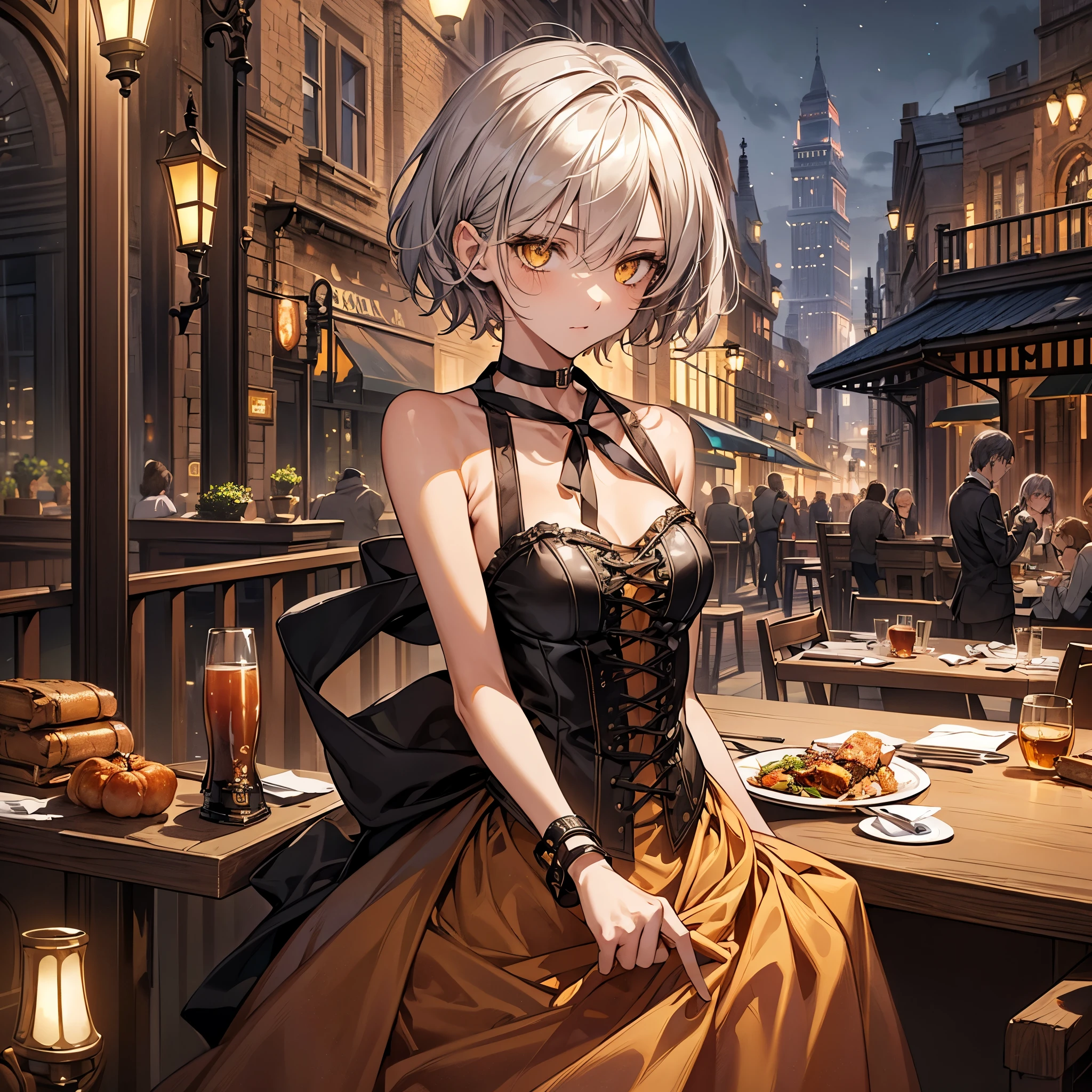 masterpiece, Highest quality, Perfect Face, Highest Resolution, Highest quality,Detailed depiction of the eyes, 1 girl, young, slender body, Short, deep tan skin, slate gray hair, short hair, upturned eyes, Yellow Orange eyes, Perfect Anatomy, steampunk, ribbon choker, dress, dinner, restaurant, Talk, city, night, night