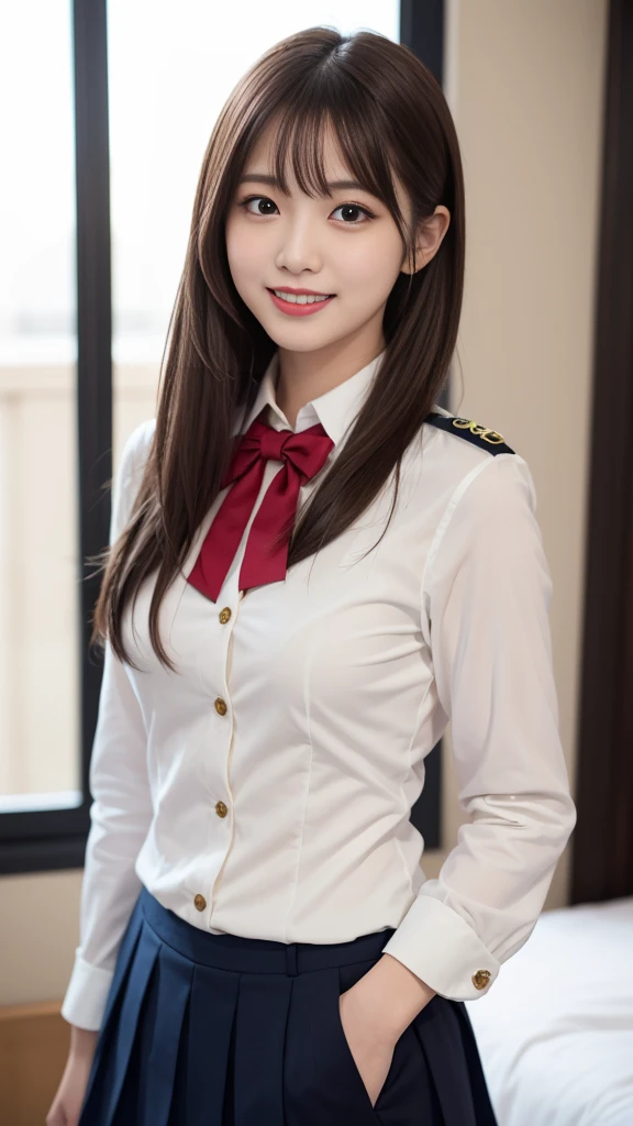 Ultra detail, high resolution, (realistic, realistic:1.4), 8k, (best quality), physical-based rendering, photorealistic photography, professional color grading, highest quality, captivating photos that capture the elegance of the flight attendant standing elegantly in the cabin. The scene depicts a well-dressed woman exuding confidence and professionalism as she carries out her duties. The composition paid close attention to the details of her uniform and accessories. The lighting highlights her features, emphasizing her calmness and charm. The color temperature is warm, which adds sophistication to the image. Facial expressions indicate a warm and friendly demeanor