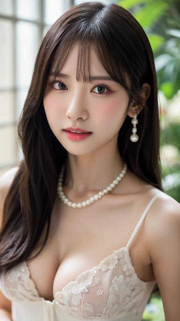 1 girl, national foundation, ((8k, raw, masterpiece: 1.5)), (Professional photography, sharp:1.2), Perfect dynamic composition, (Natural sun light), (soft shadow), (Perfect body:1.4), (((skinny figure))), ((huge round breasts: 1.3)), (((((medium long hair,bangs))))), Ultra-detailed faces and skin, perfect asian, White skin, (Delicate skin:1.4), (latex skin:0.4), (perfect glowing skin:0.6), light brown eyes, beautiful eyes, round eyes, pretty face, blush, glossy lips, ((plump lips)), glossy eyes, Really moist skin, Refined expression, looking at camera, Elegant pearl necklace, Elegant earrings, minimalist, (red floral gown),